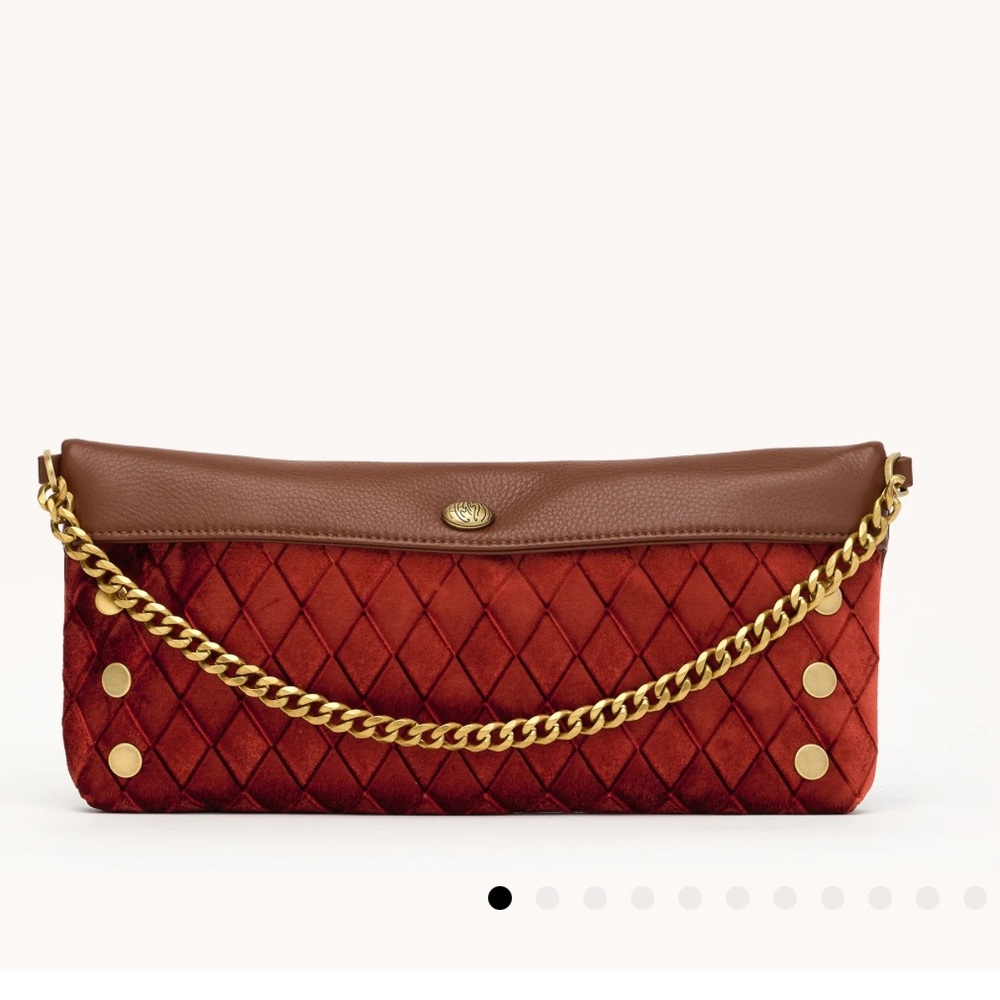 Hammitt Invitation Monarch Velvet Clutch Red Antique Gold Chain NWT Leather Trim